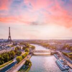 Paris aerial panorama with river Seine and Eiffel tower, France.